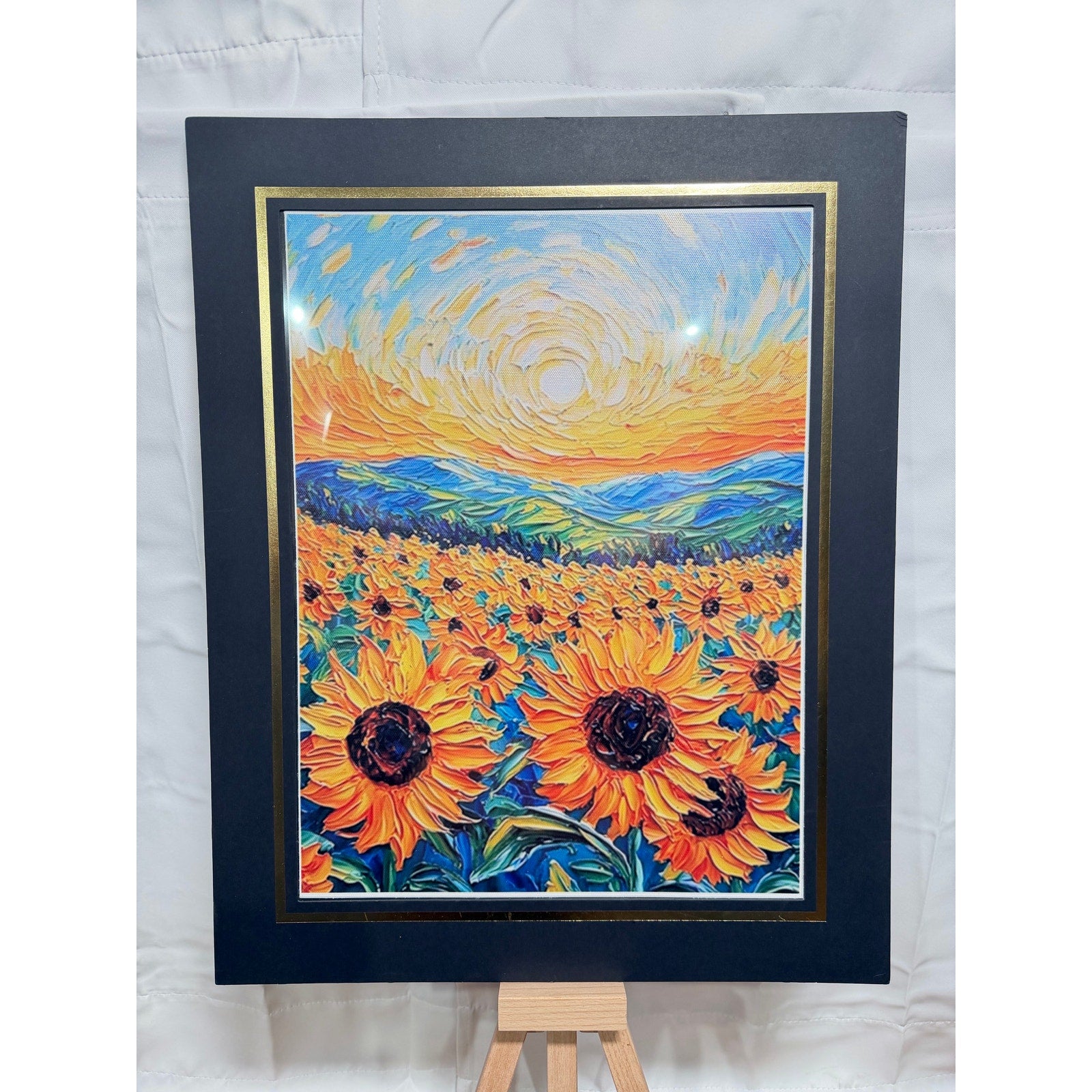 Sunflower field art print on canvas, 12x16 inches with 16x20 mat, by Republic Mercantile featuring vibrant sunflower landscape.