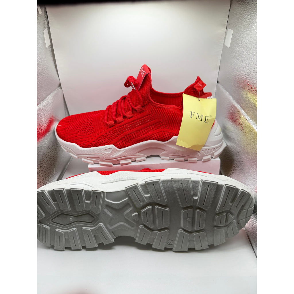 FME athletic sneakers in red and white, unisex style, featuring sporty design for women’s size 11.5 and men’s size 10.