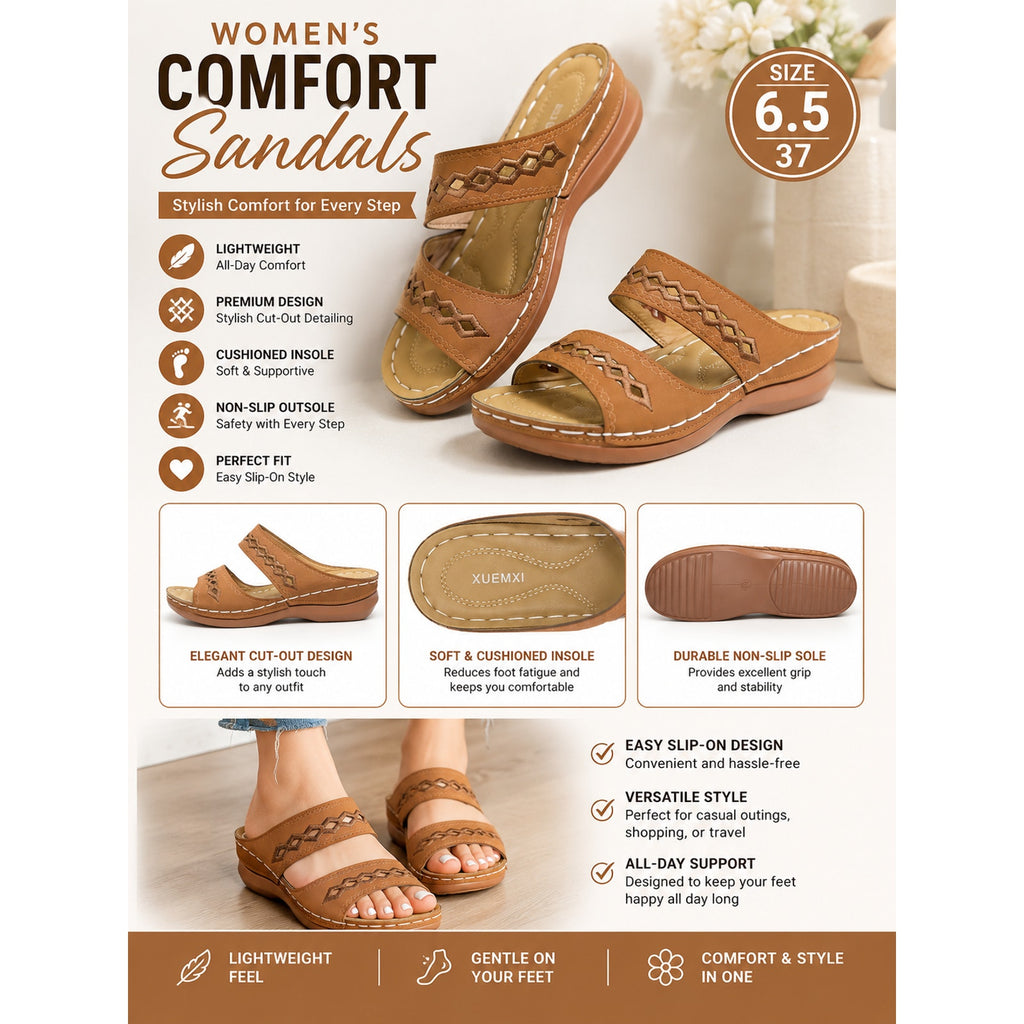 Women's brown comfort sandals by Xuemjiao, size 6.5 (Euro 37), featuring cushioned straps and slip-on design.