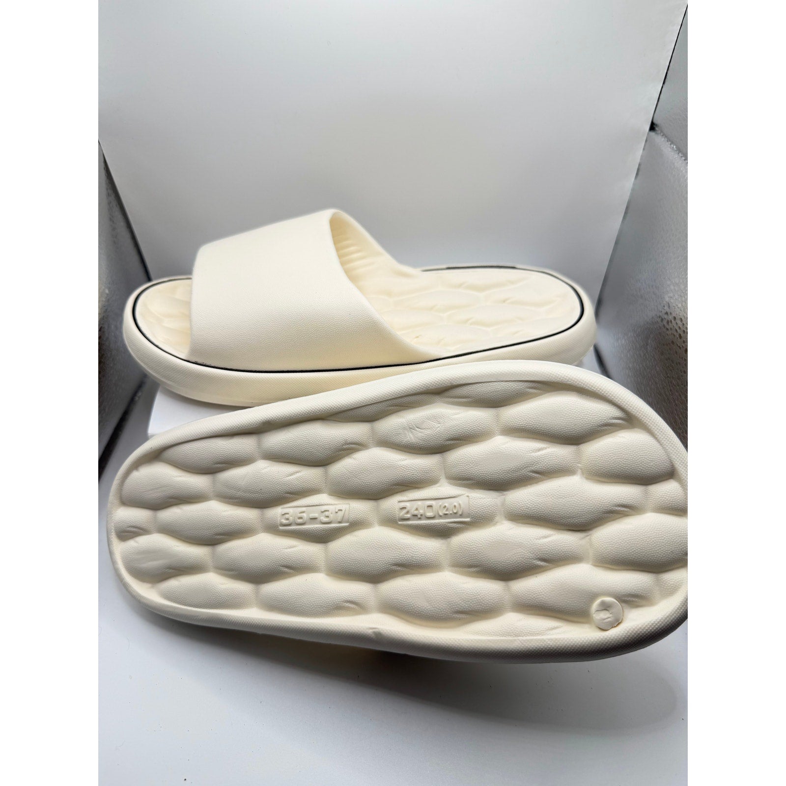 BusyLion Comfort Slides in white, size US 6.5, featuring cushioned straps and a slip-on design for casual wear.