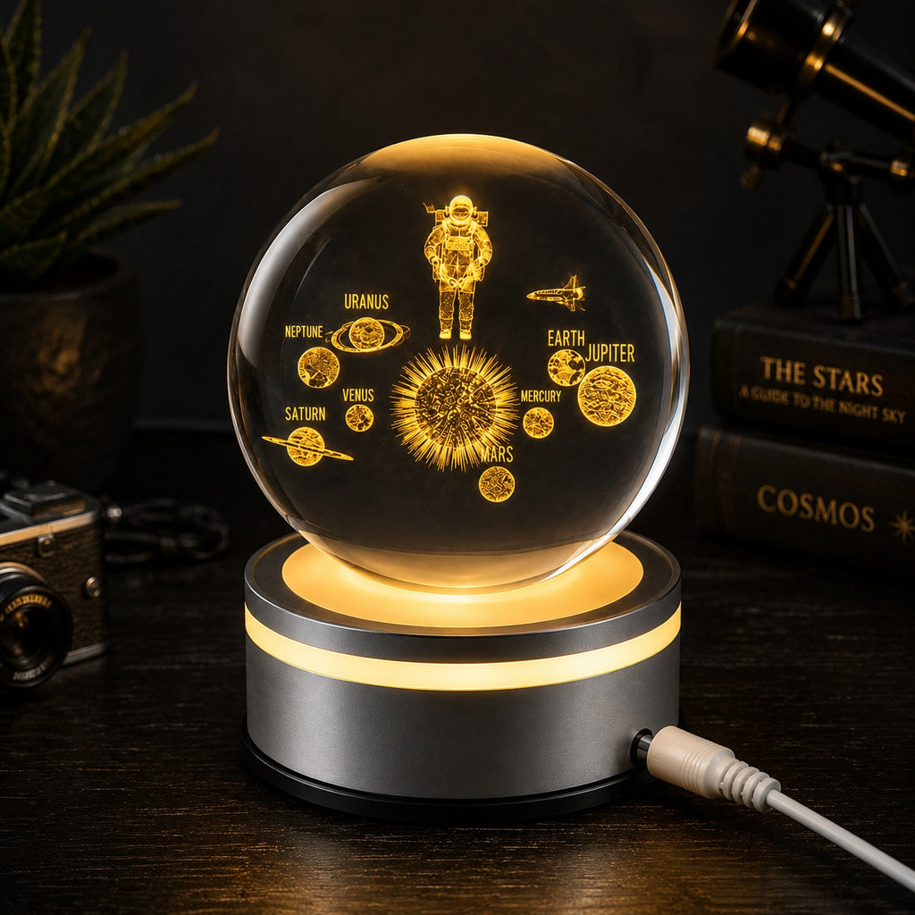 3D Etched Crystal Globe LED Light with Multi-Color Display Base