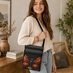 Boho butterfly crossbody bag by Republic Mercantile featuring a colorful butterfly design and adjustable strap.