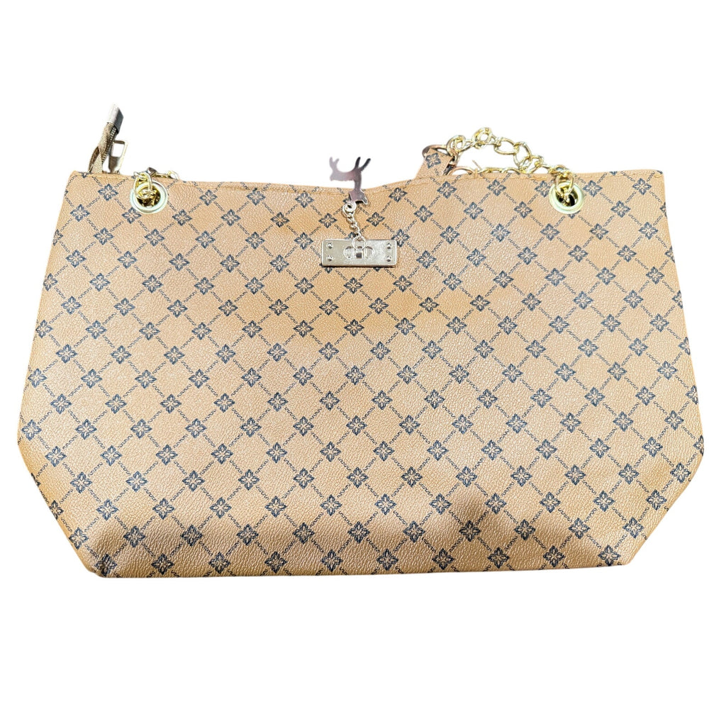 Sandglass Women's casual shoulder tote bag in tan with gold accents, featuring a spacious design and stylish shoulder strap.