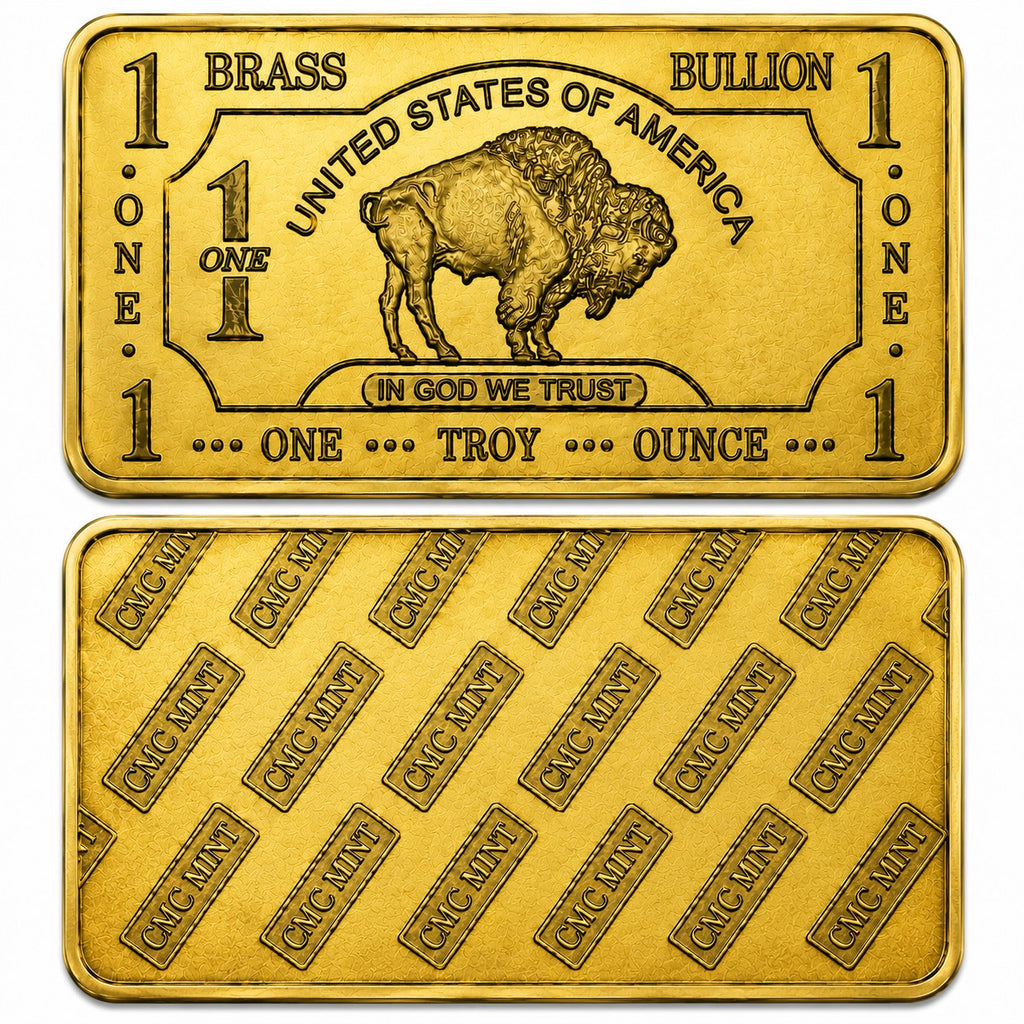 Troy ounce brass alloy collectible bar from CMC Mint with detailed engravings and branding on the surface.