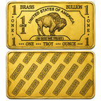 Troy ounce brass alloy collectible bar from CMC Mint with detailed engravings and branding on the surface.