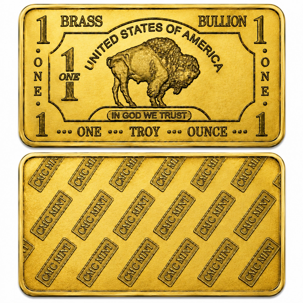 Troy ounce brass alloy collectible bar from CMC Mint with detailed engravings and branding on the surface.