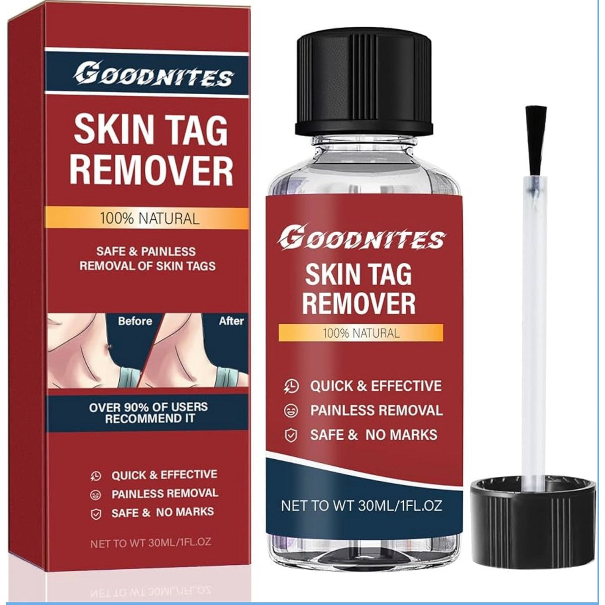 Goodnites Skin Tag Remover bottle, 30ml, with applicator tip, used for safe removal of skin tags.