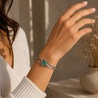 Silver plated bangle gem bracelet with handcrafted design, featuring shiny silver and decorative gemstones by Republic Mercantile.