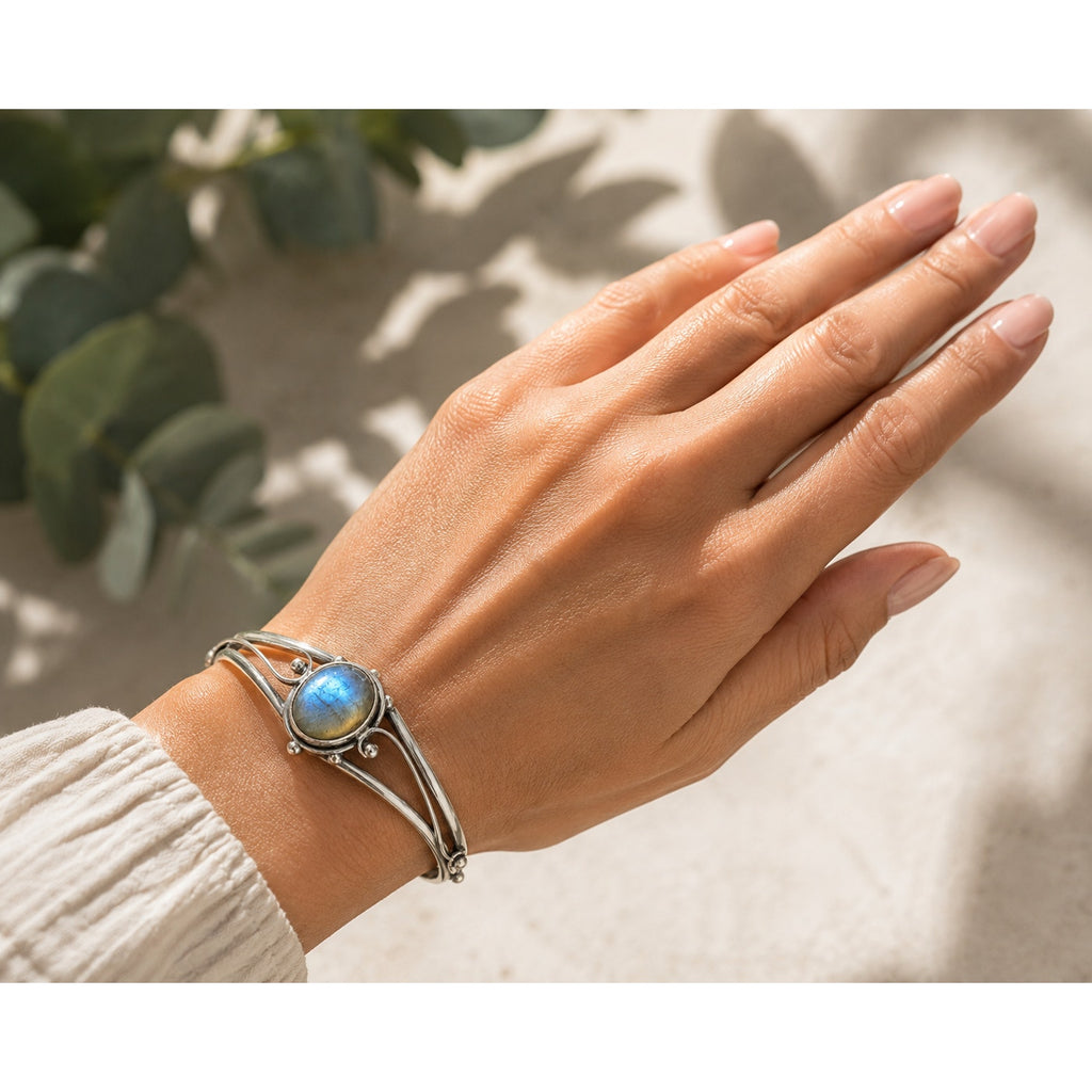 Silver plated bangle gem bracelet by Republic Mercantile, showcasing handcrafted design with embedded colorful gemstones.