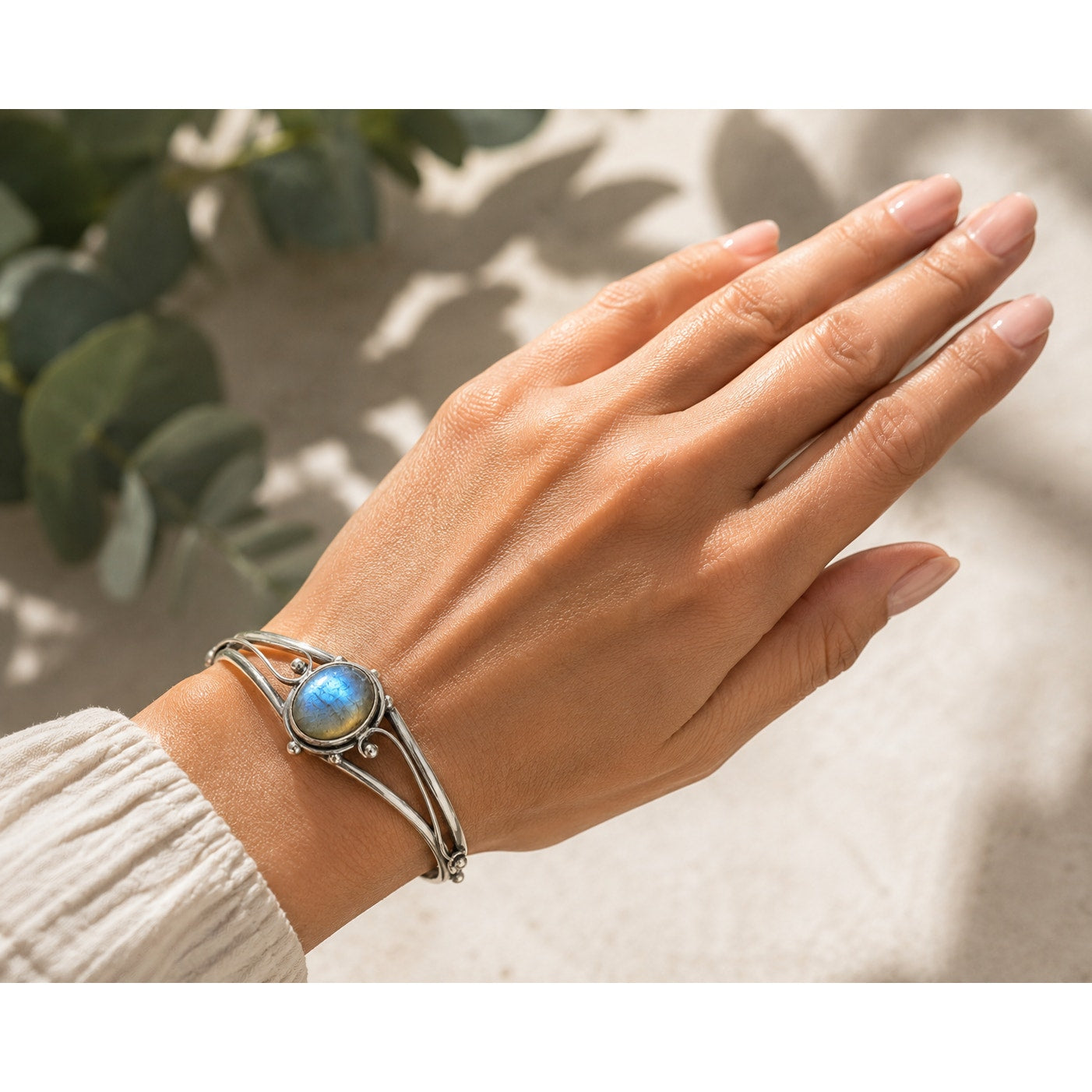 Silver plated bangle gem bracelet by Republic Mercantile, showcasing handcrafted design with embedded colorful gemstones.