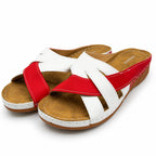 Xuemjiao red and white comfort slide sandals in size 11, featuring open-toe design and cushioned footbed for casual wear