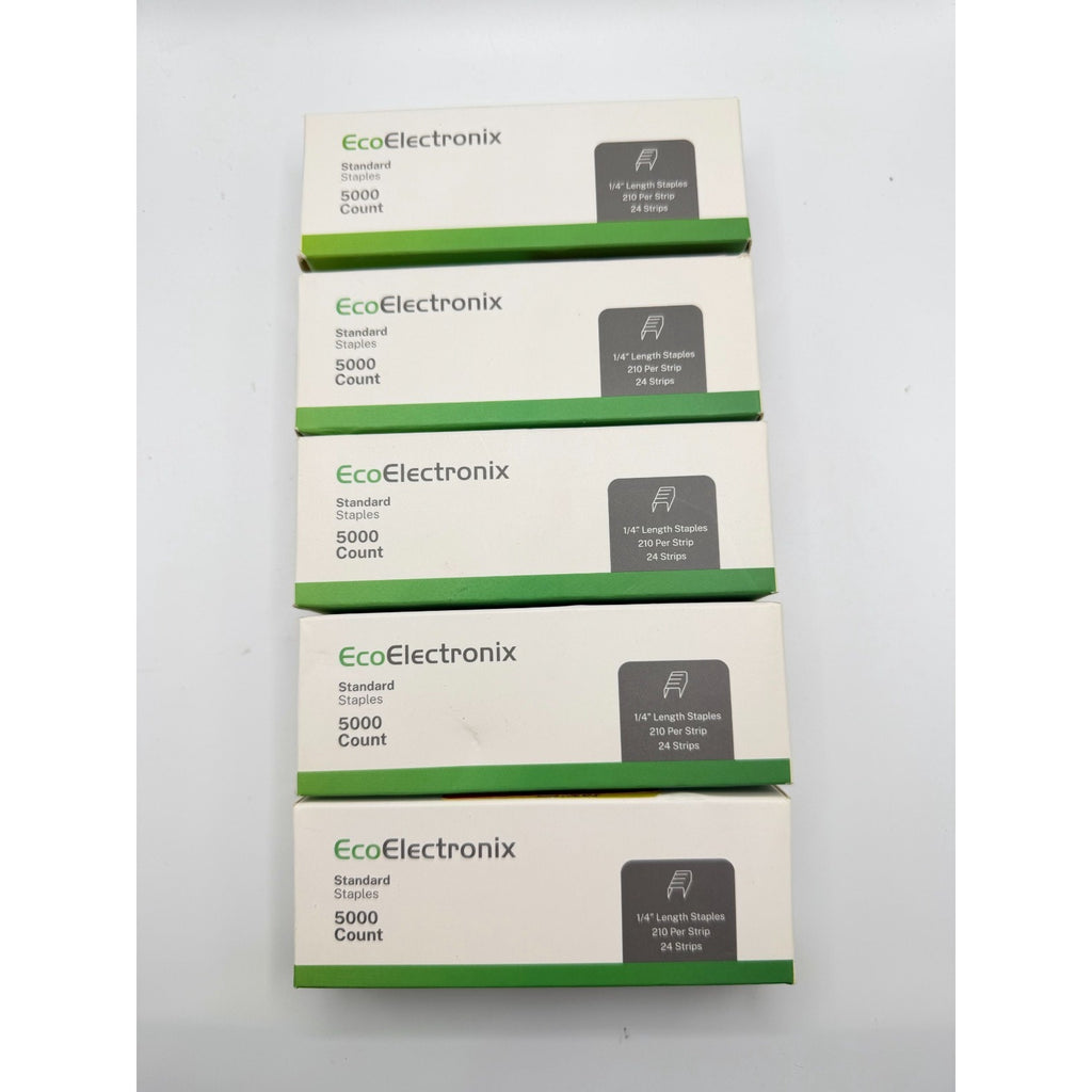 EcoElectronix 1/4" staples in a box, jam-free design, packed in five boxes totaling 25,000 staples for office or home use.