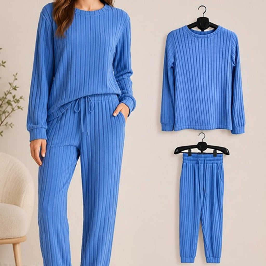 Fantaslook Women's Ribbed Lounge Set - Blue - Soft 2-Piece Outfit - Size S NEW