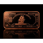 Ten AVDP oz .999 fine copper collectible bar by CMC Mint, showing detailed engravings on a shiny copper surface.