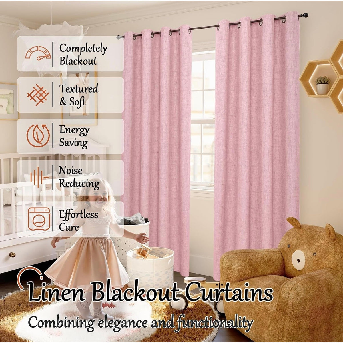 Baby pink nursery blackout curtains with grommet top, 52x84 inches, two-panel set by Lajode, designed for light-blocking and style.
