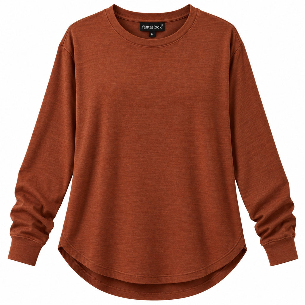 Fantaslook women's crewneck sweatshirt, casual long sleeve tunic top in size L, soft fabric, relaxed fit, beige color.