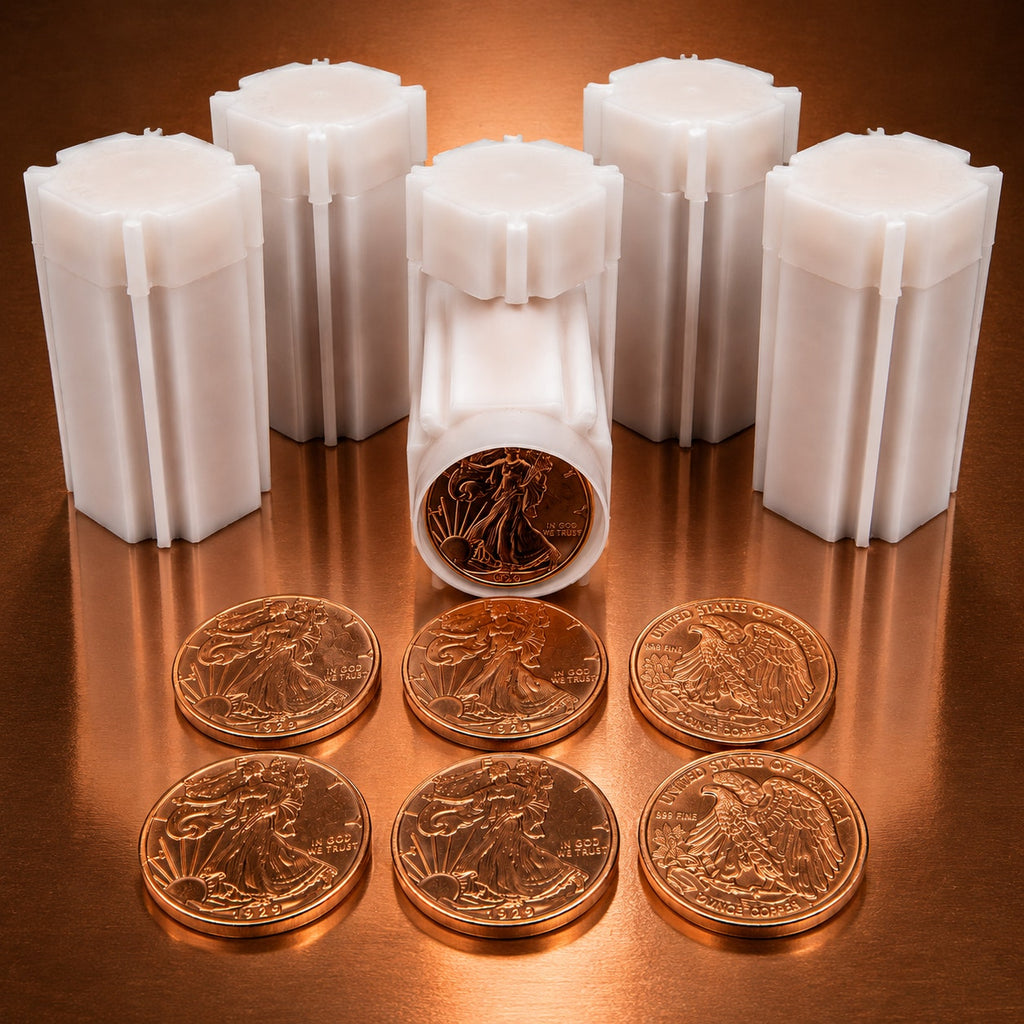 Collection of five tubes containing 1oz .999 fine copper Walking Liberty collectible coins from Republic Mercantile.