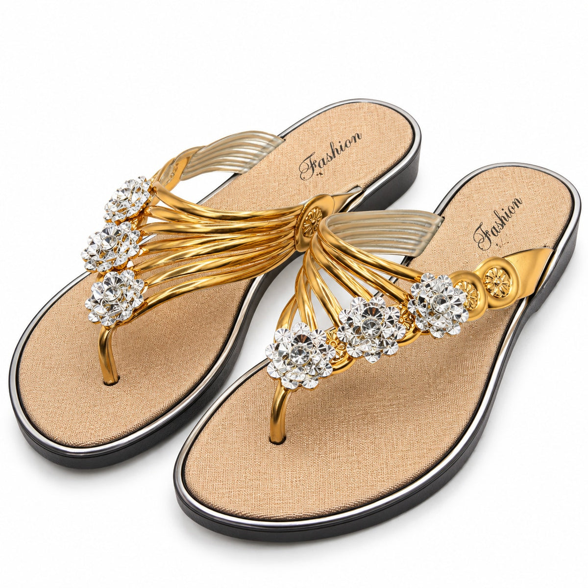 Bejeweled women's gold and bling sandals by Republic Mercantile, size US 9, featuring sparkling embellishments and open-toe design.