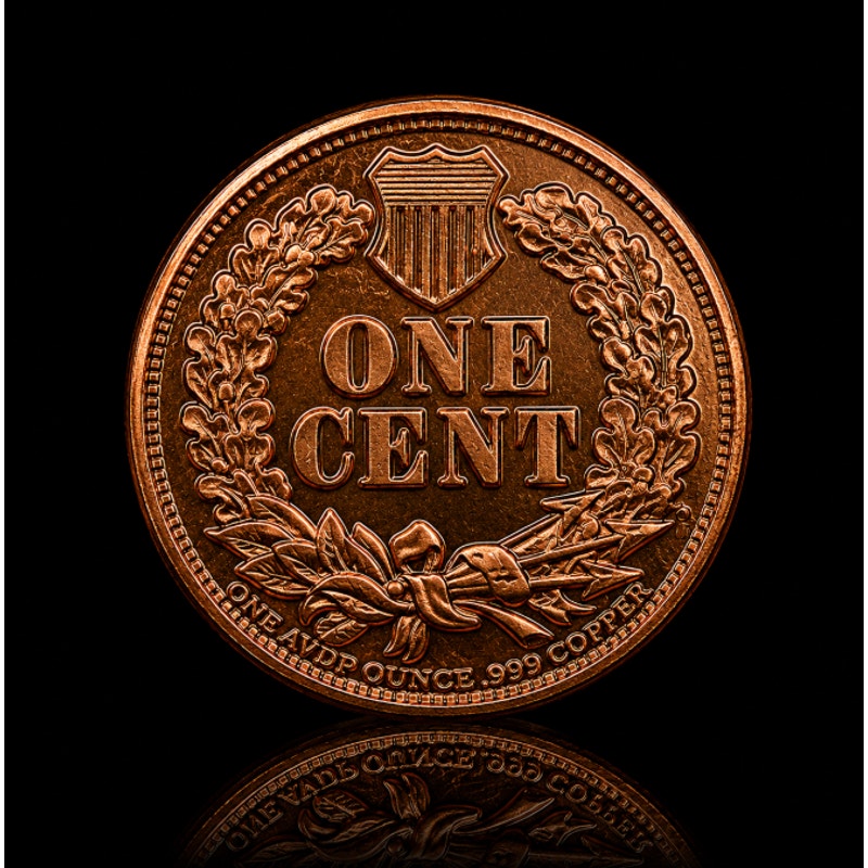 Close-up of Republic Mercantile 1 oz .999 fine copper collectible coin featuring Indian Head design, detailed coin surface image