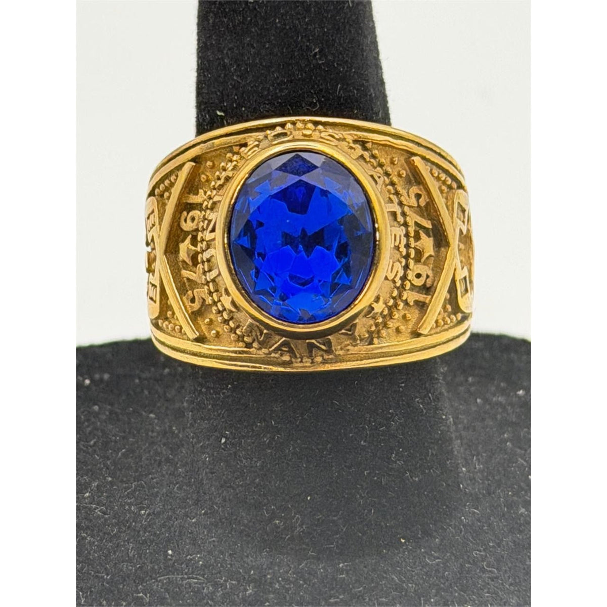 Men's US Navy Signet Ring in gold and blue, size 11, by Republic Mercantile, featuring a detailed navy insignia design.