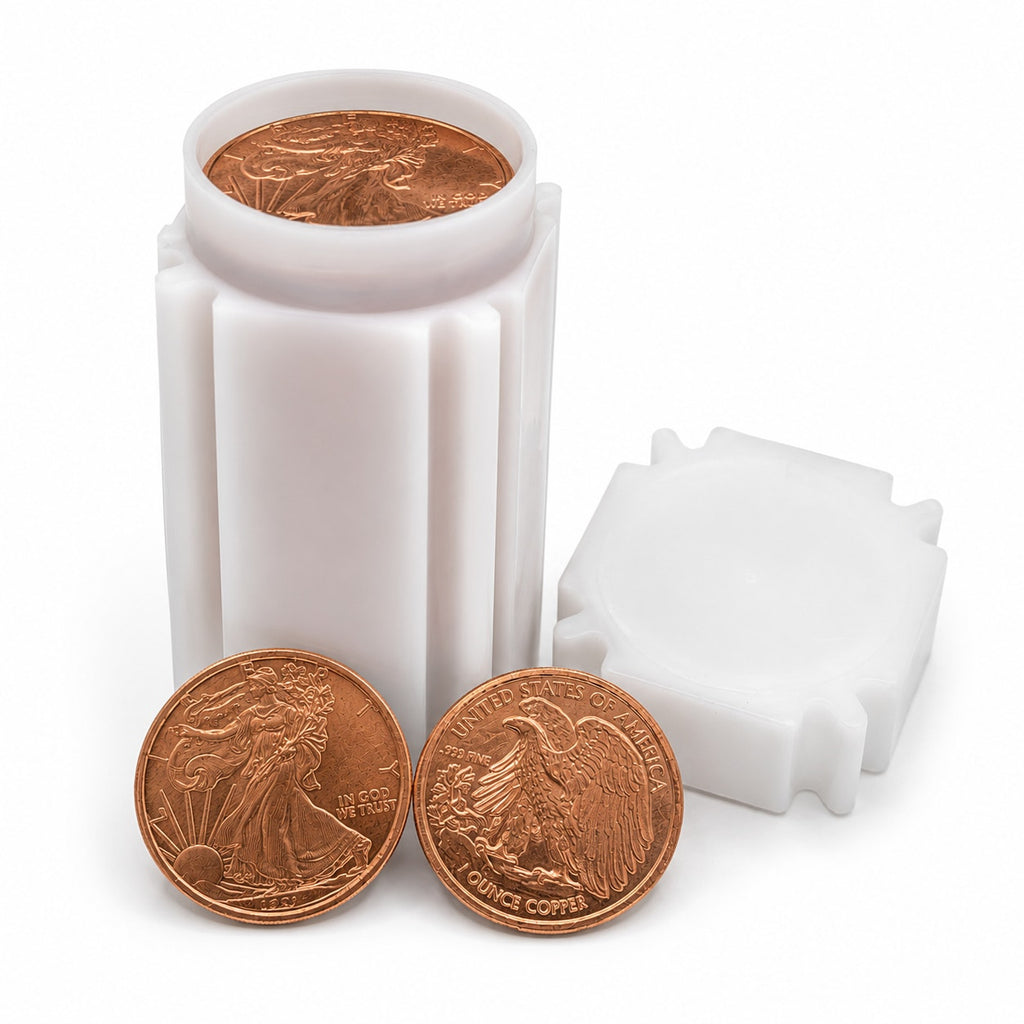 Republic Mercantile 20 AVDP oz .999 fine copper collectible coins in tube with Walking Liberty design, stacked inside clear container.
