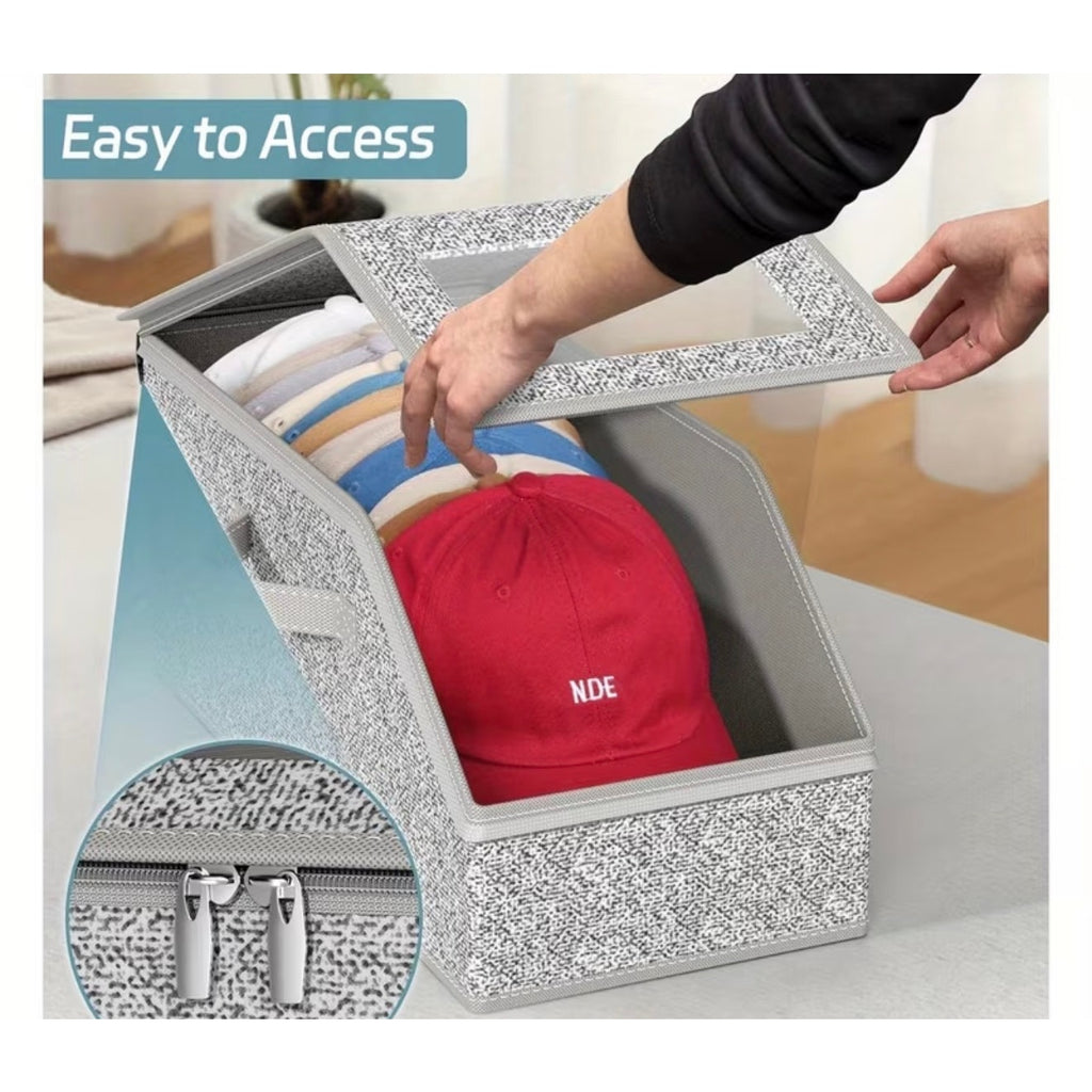 Stackable hat storage boxes by Republic Mercantile, 8x16x6 inches, showing clear plastic design and capacity for up to 20 hats.