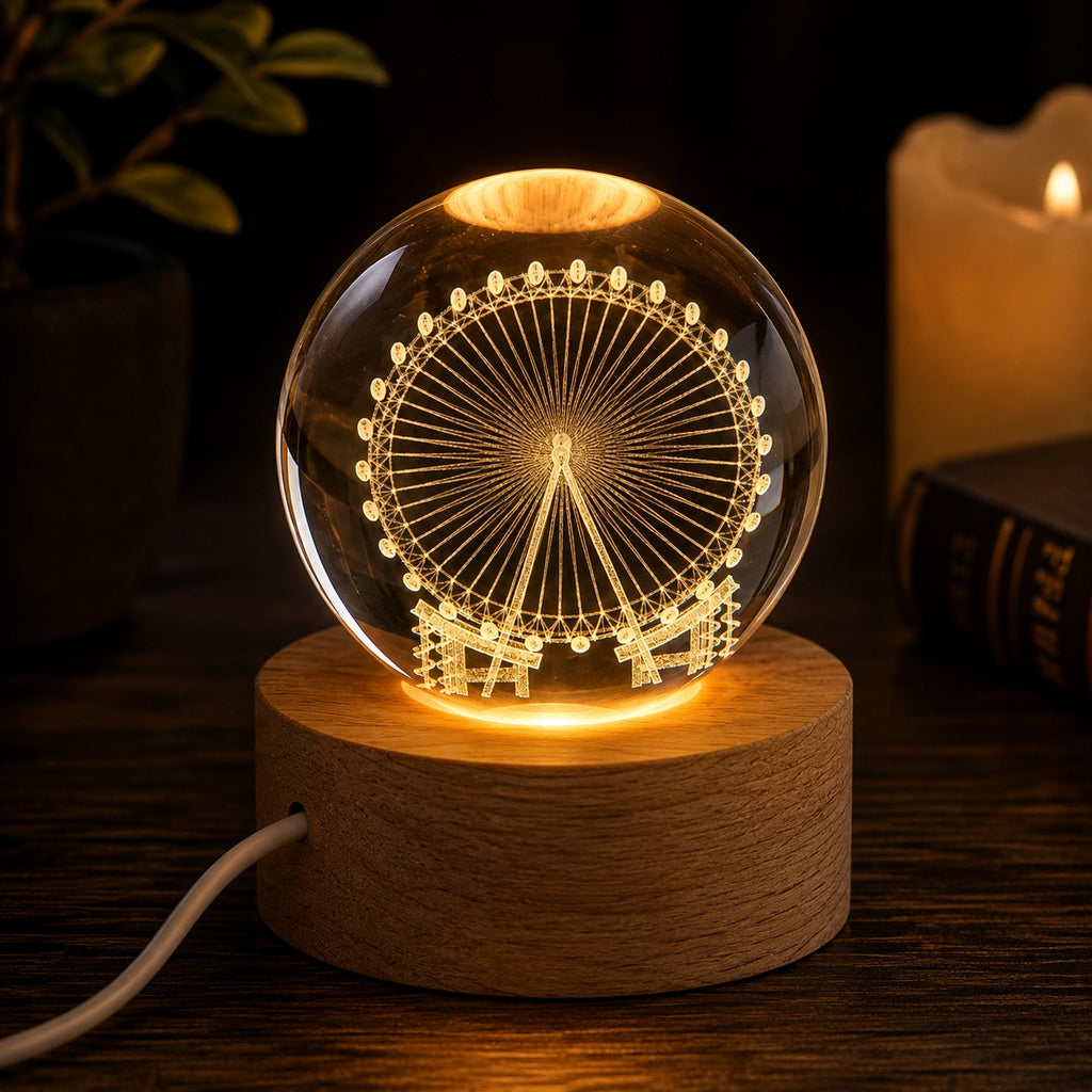 3D Etched Crystal Globe LED Light with USB Display Base