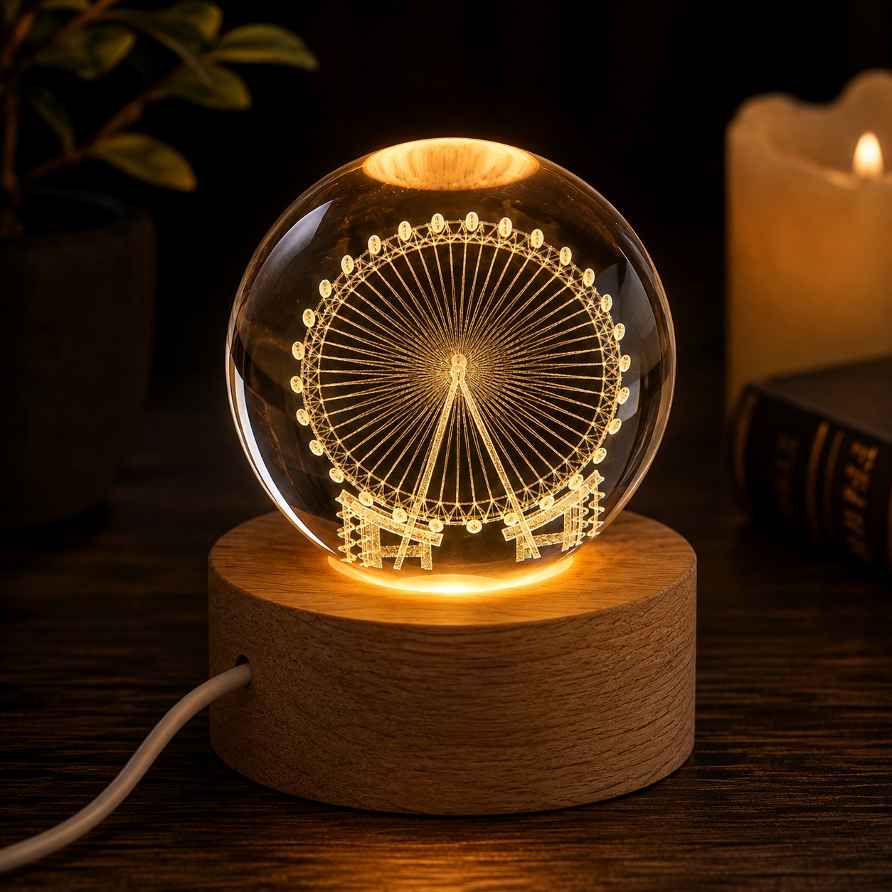 3D Etched Crystal Globe LED Light with USB Display Base