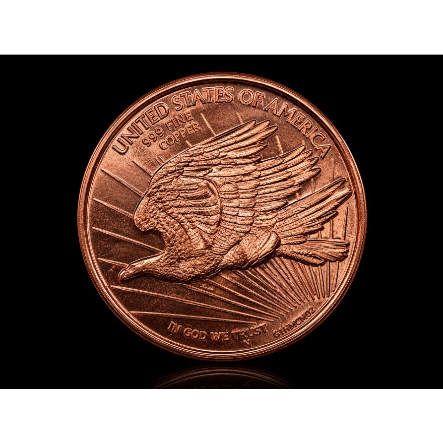 Close-up of a 1 oz .999 fine copper collectible coin featuring the St. Gaudens design by Republic Mercantile.