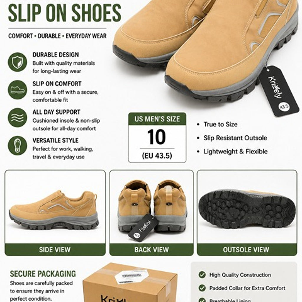 Kricely Men's Slip-On Loafers Size 10 Tan Casual Walking Shoes NEW FREE Shipping