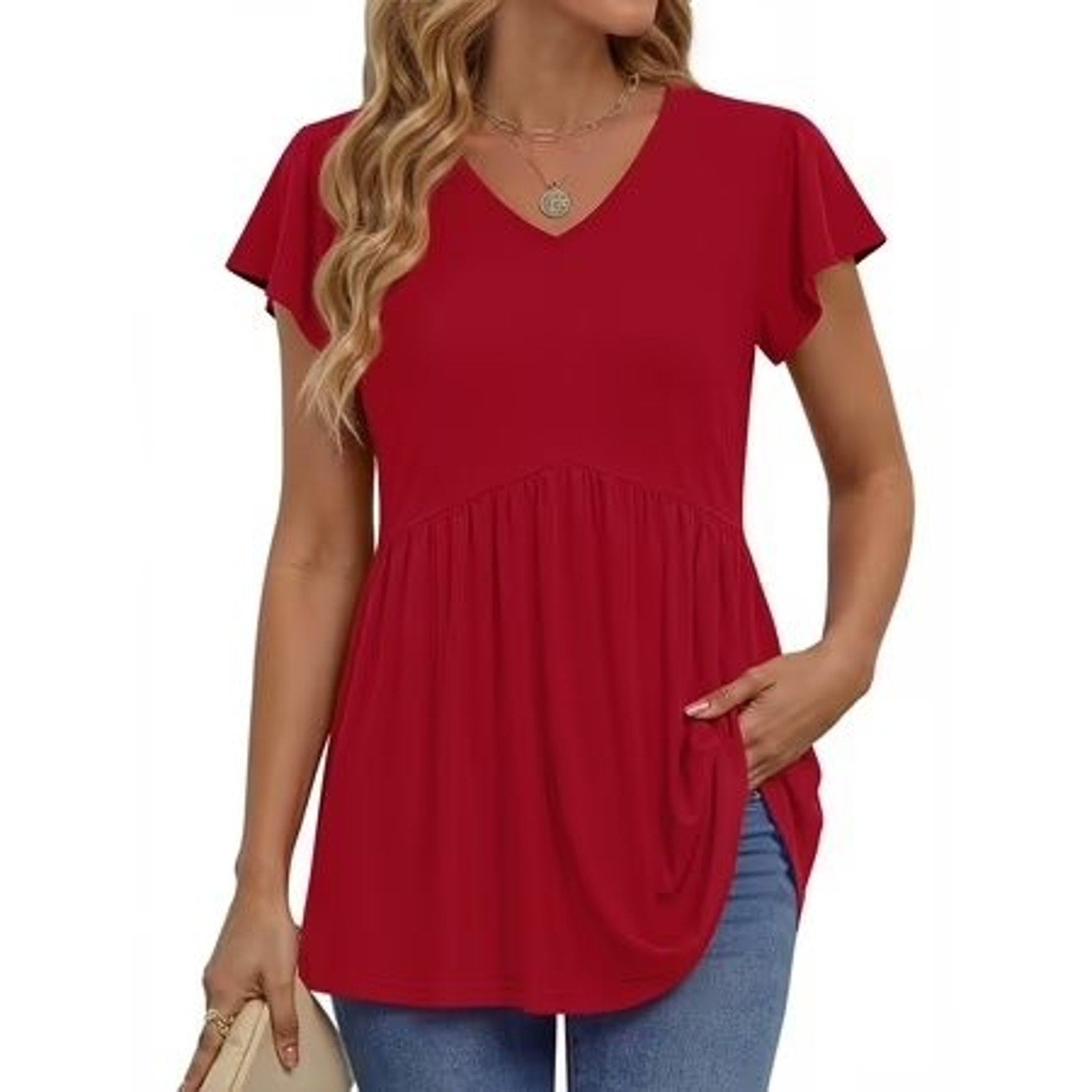 Fantaslook women's V-neck short sleeve babydoll top in size M, lightweight and stylish for casual wear.