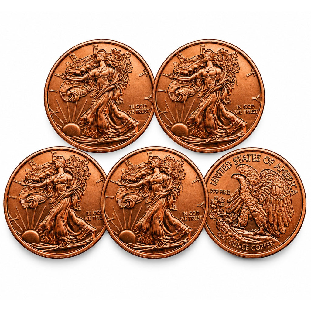 Set of five 1 oz .999 copper bullion ingots featuring Walking Liberty design, displayed with Republic Mercantile branding.
