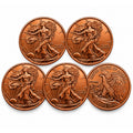 Set of five 1 oz .999 copper bullion ingots featuring Walking Liberty design, displayed with Republic Mercantile branding.