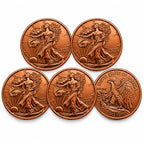 Set of five 1 oz .999 copper bullion ingots featuring Walking Liberty design, displayed with Republic Mercantile branding.
