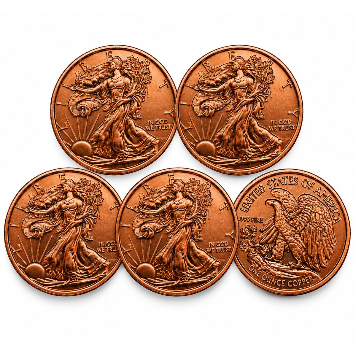 Set of five 1 oz .999 copper bullion ingots featuring Walking Liberty design, displayed with Republic Mercantile branding.