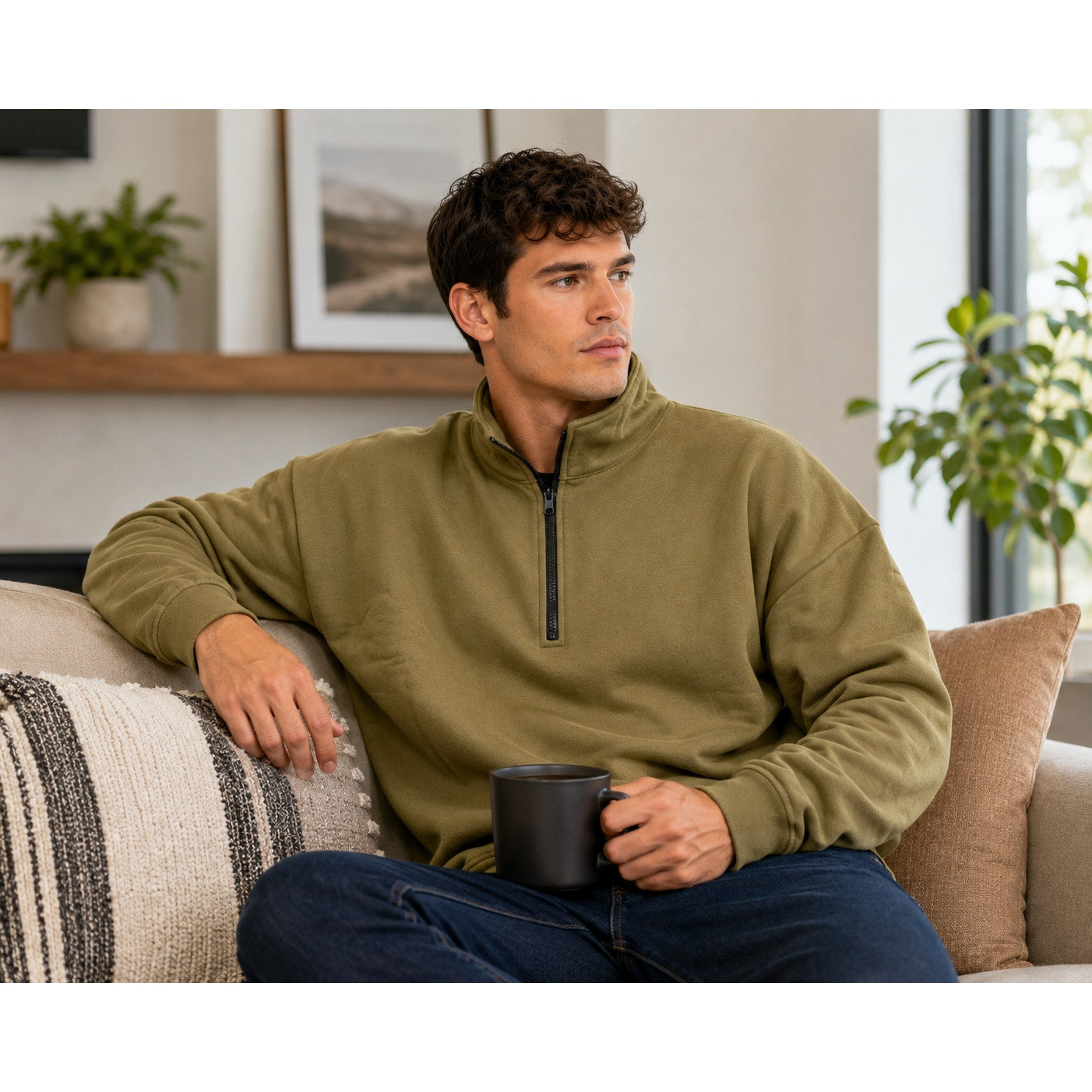SUNBS Pull Over 1/4 Zip Sweater - Olive - XL