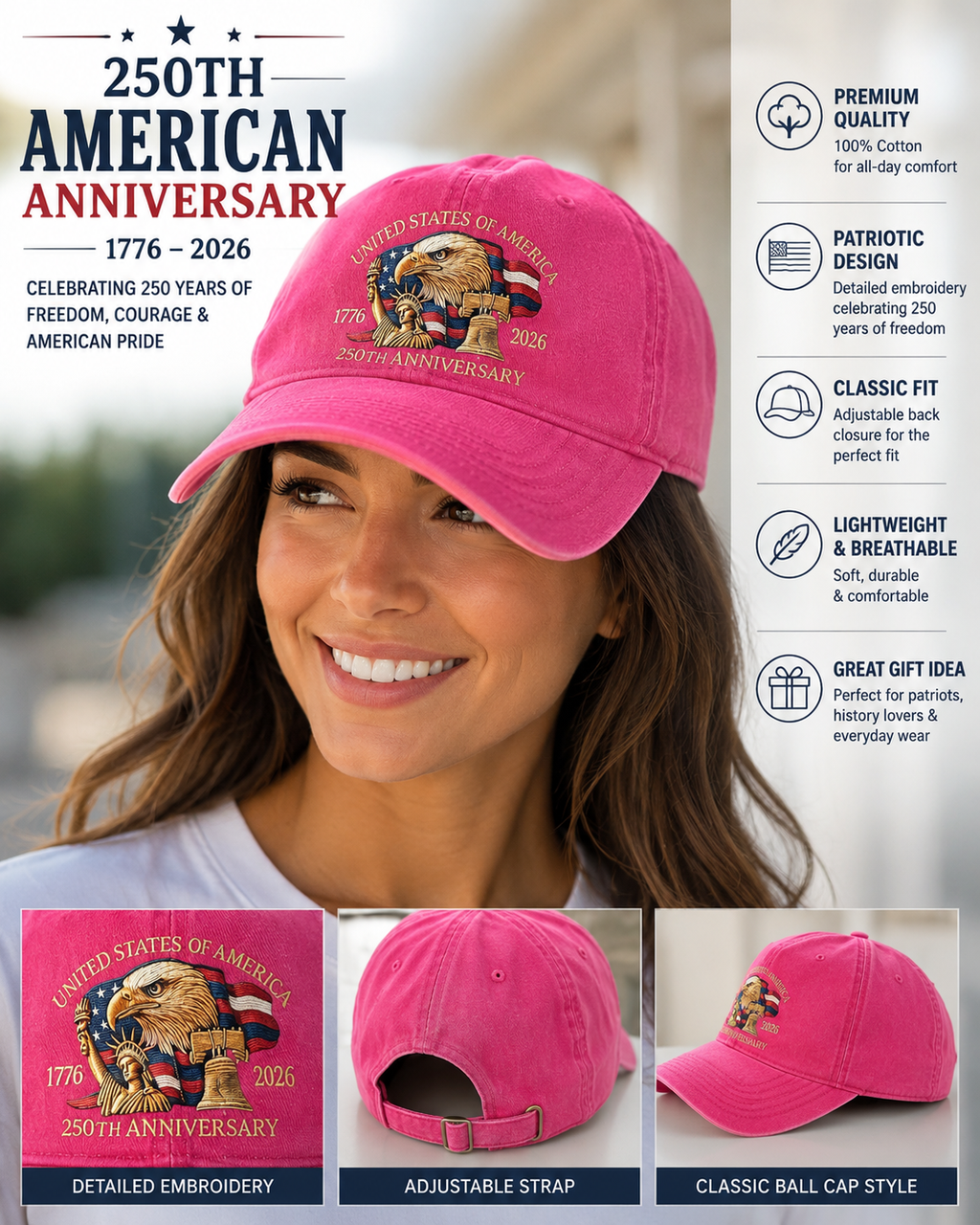 Pink ladies ball cap celebrating 250th USA anniversary by Republic Mercantile, featuring embroidered design on front.