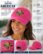 Pink ladies ball cap celebrating 250th USA anniversary by Republic Mercantile, featuring embroidered design on front.