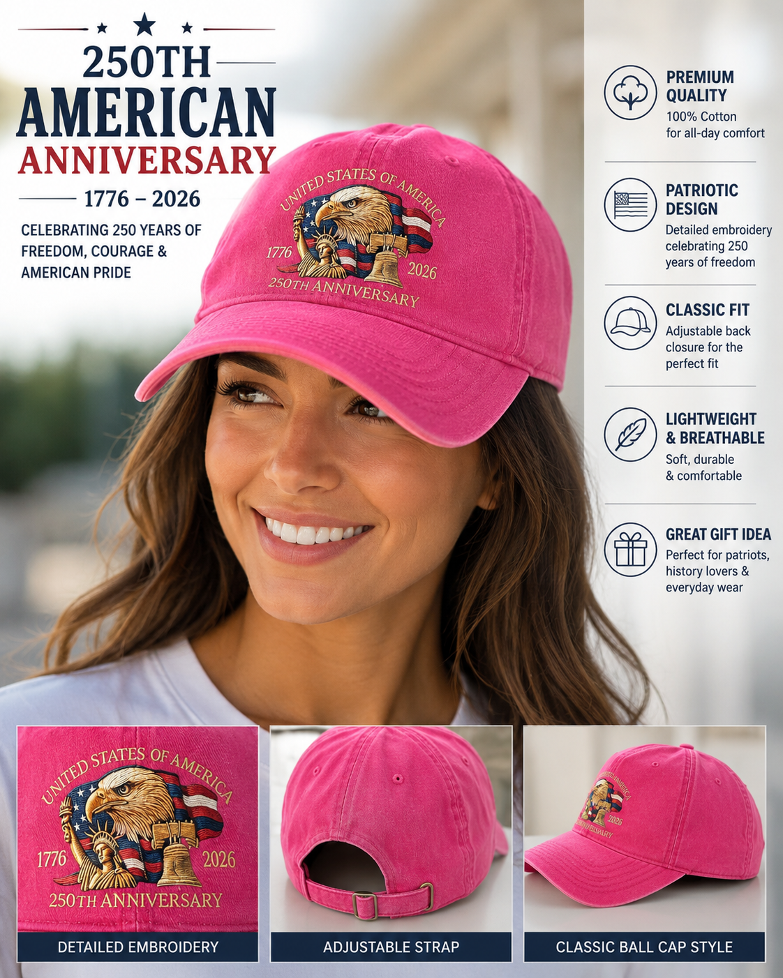 Pink ladies ball cap celebrating 250th USA anniversary by Republic Mercantile, featuring embroidered design on front.