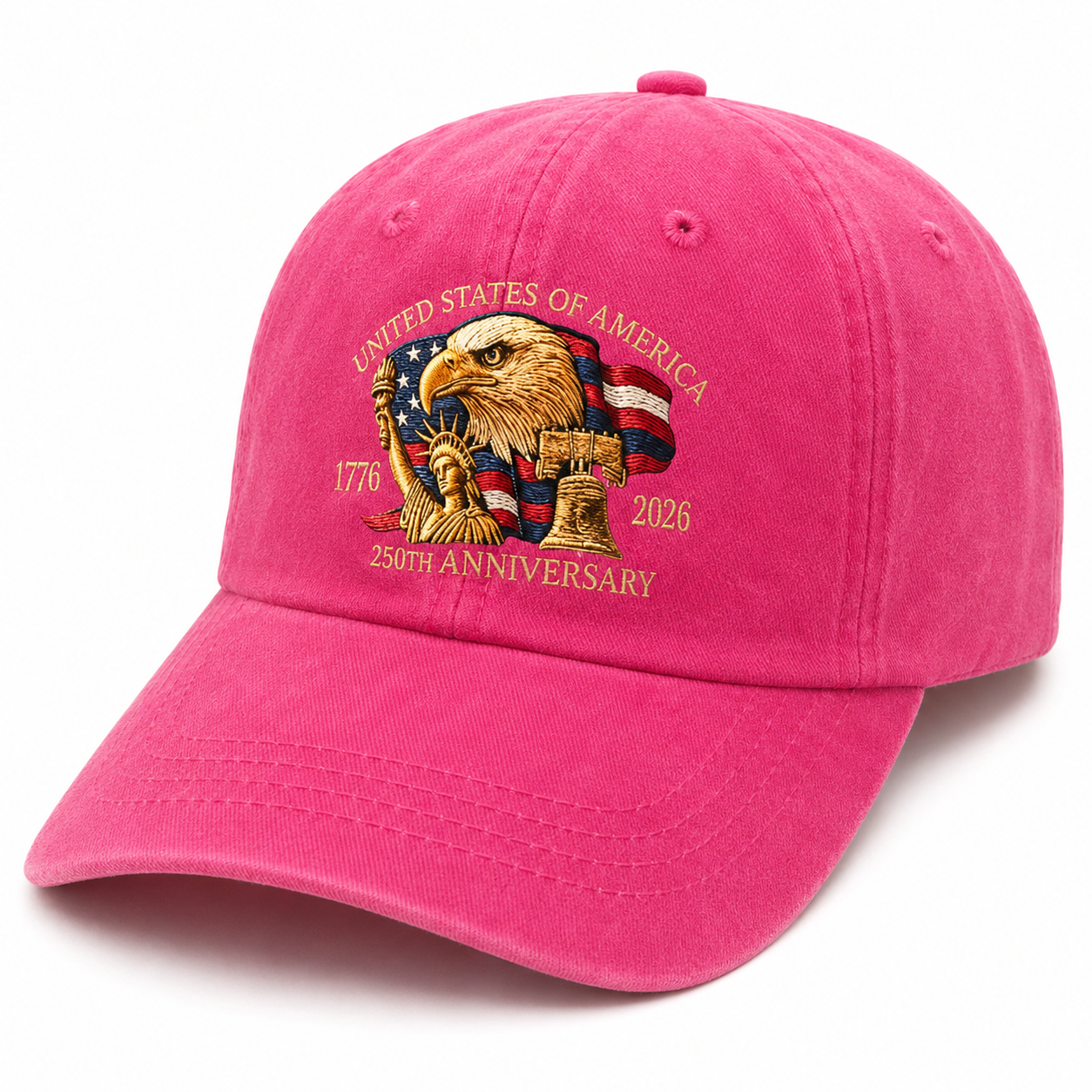 Pink Republic Mercantile 250th USA Anniversary ladies ball cap with embroidered design, adjustable strap and curved brim.
