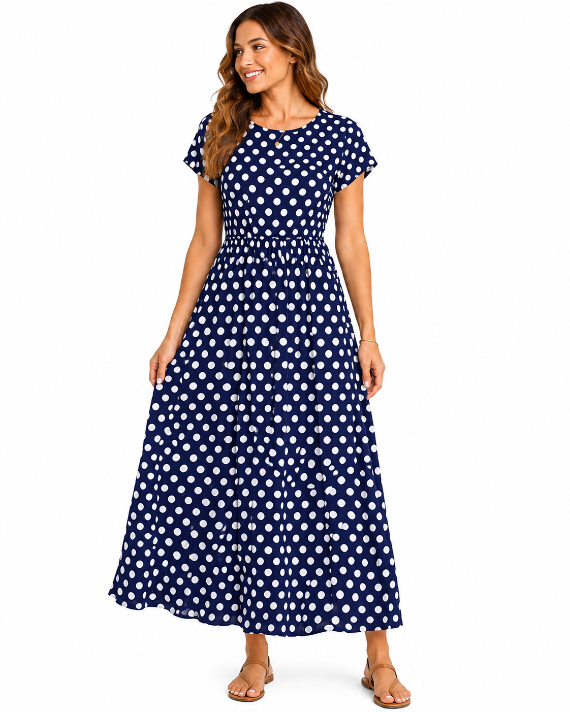 Mengpipi women's polka dot maxi dress in size M, flowing fabric with a stylish polka dot pattern, perfect for casual or summer wear.