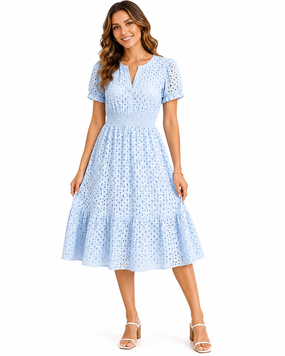 Light blue PrettyGarden eyelet mini dress with puff sleeves, size M, featuring a stylish and feminine design.