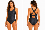Black UPF women's one-piece swimsuit with athletic design, size small, suitable for swimming and sun protection.