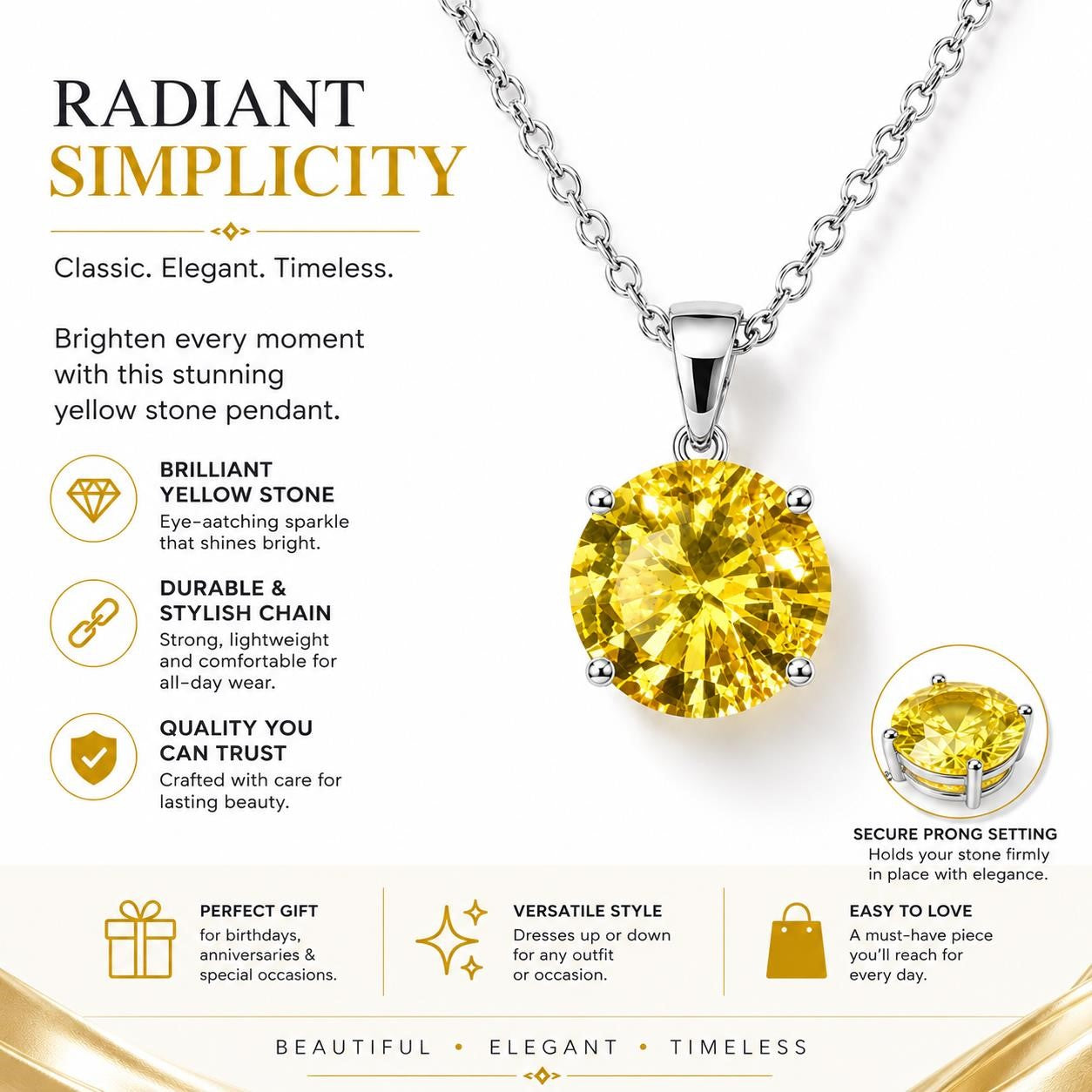 Republic Mercantile 2ct Citrine style fashion crystal necklace featuring a vibrant yellow gemstone pendant on a delicate chain