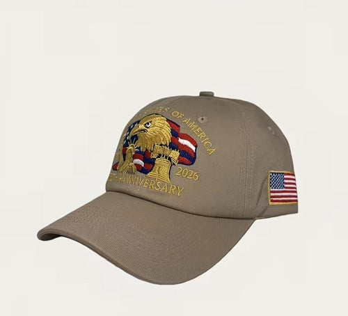 Tan 250th Anniversary ball cap by Republic Mercantile with embroidered logo and adjustable strap, displayed on a plain background.