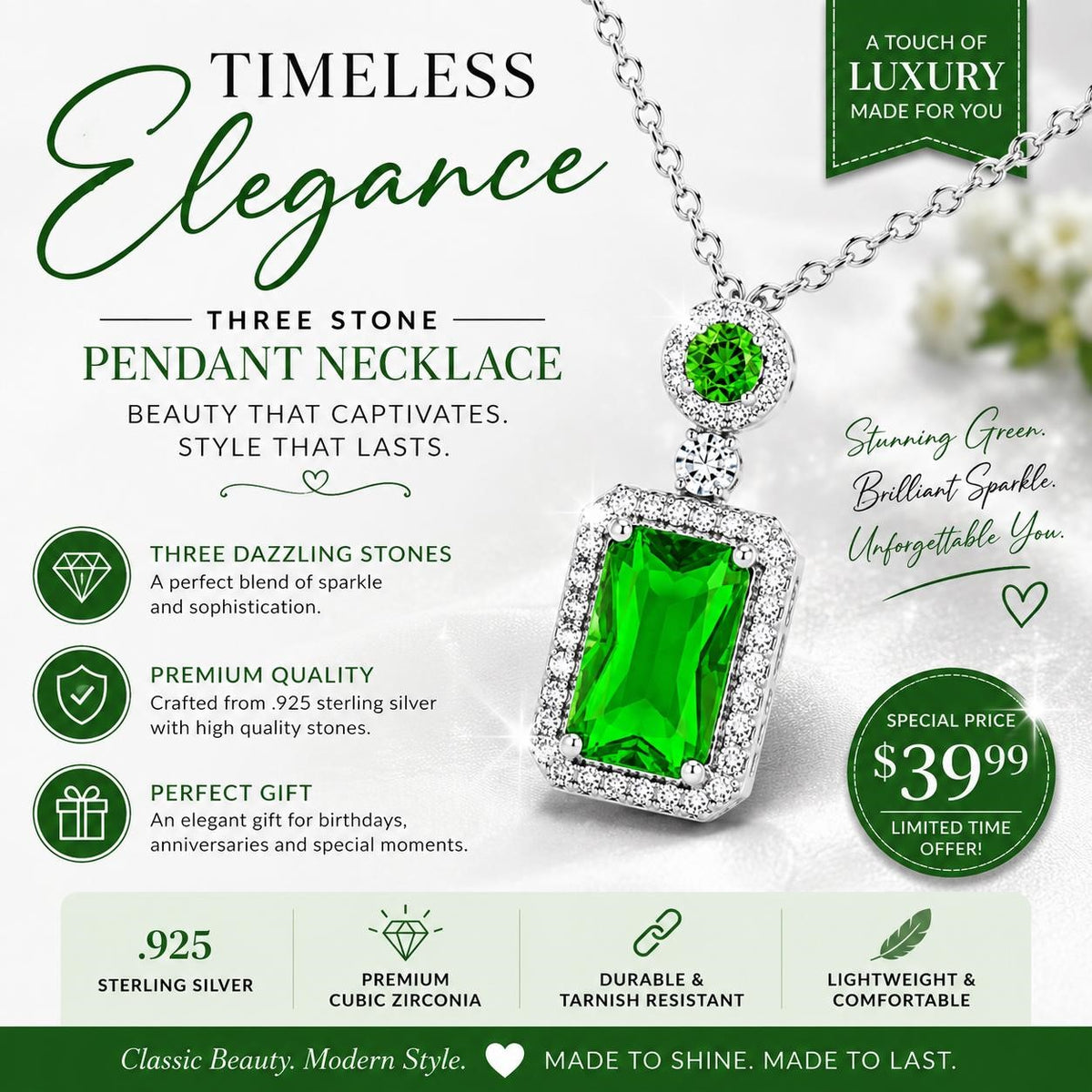 Elegant emerald style crystal pendant necklace featuring a sparkling gemstone on a delicate chain, perfect for stylish accessories.