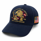 Blue 250th Anniversary ball cap by Republic Mercantile with embroidered logo, adjustable strap, and curved brim.