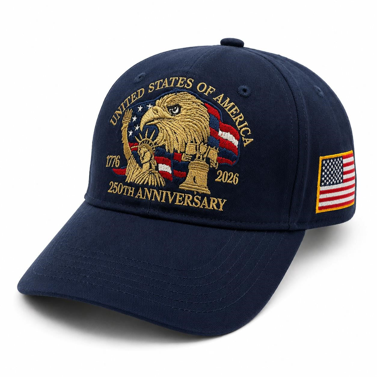 Blue 250th Anniversary ball cap by Republic Mercantile with embroidered logo, adjustable strap, and curved brim.