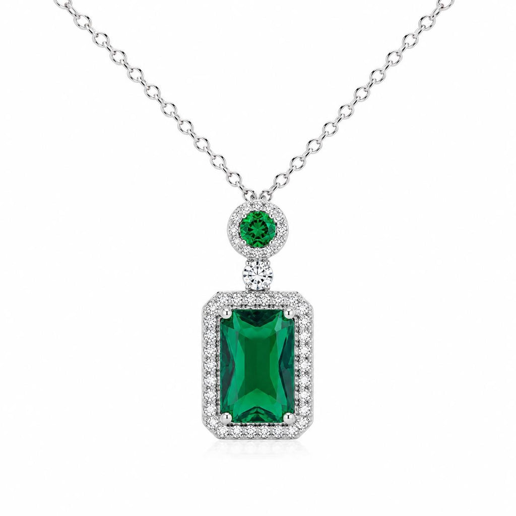 Emerald-style crystal pendant necklace featuring a sparkling green gemstone on a silver chain, by Republic Mercantile.