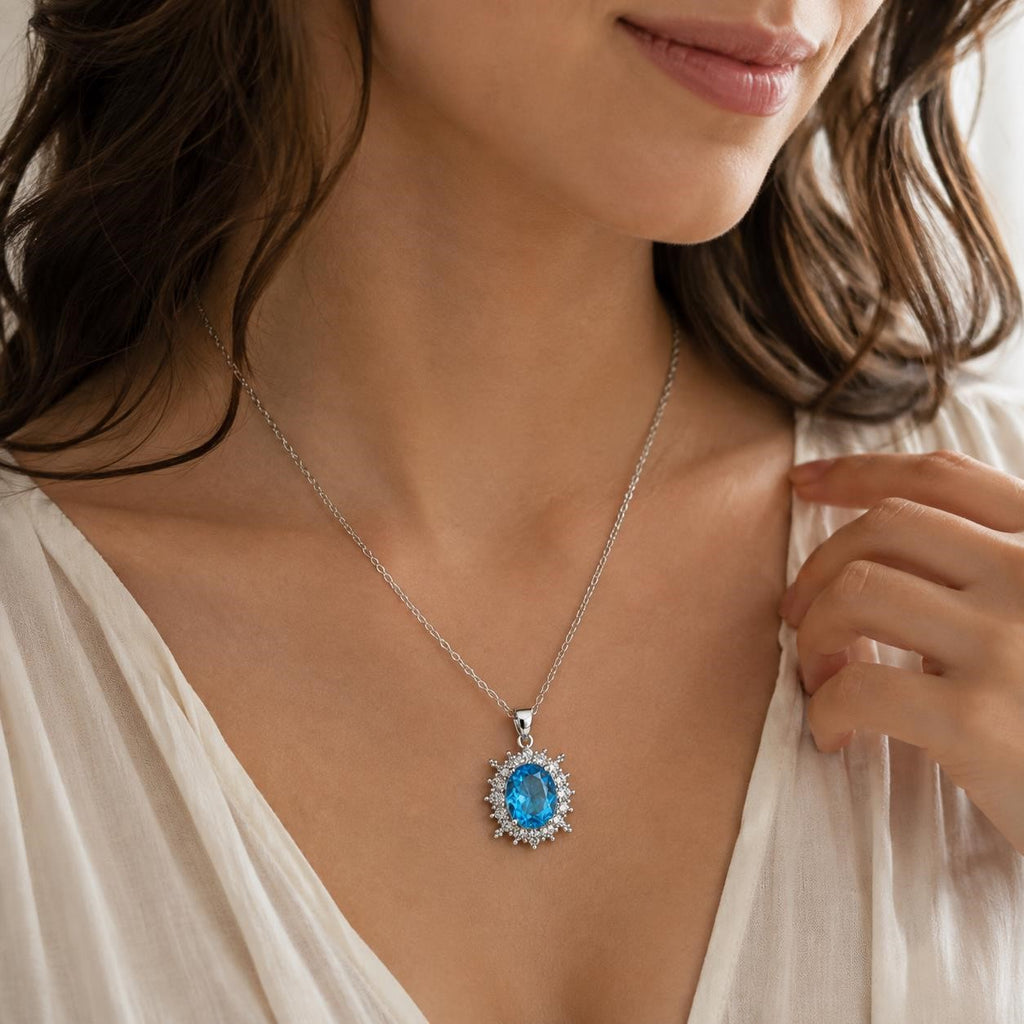Elegant 2ct aquamarine style crystal pendant necklace featuring a silver chain and sparkling gemstone, designed by Republic Mercantile.